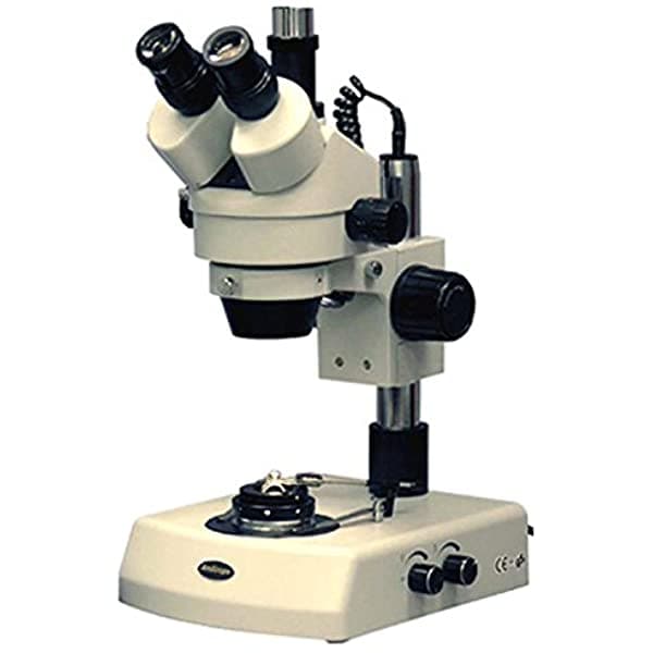 AmScope SM-2TZ-DK Microscopio Profesional Trinocular con Zoom Estéreo, Oculares WH10x, Aumento 35X-90X, Objetivo de Zoom 0.7X-4.5X, Iluminación Halógena, Soporte de Pilar Superior e Inferior, 110V-120V, Incluye Condensador Darkfield y Lentes Barlow 0.5X y 2.0X