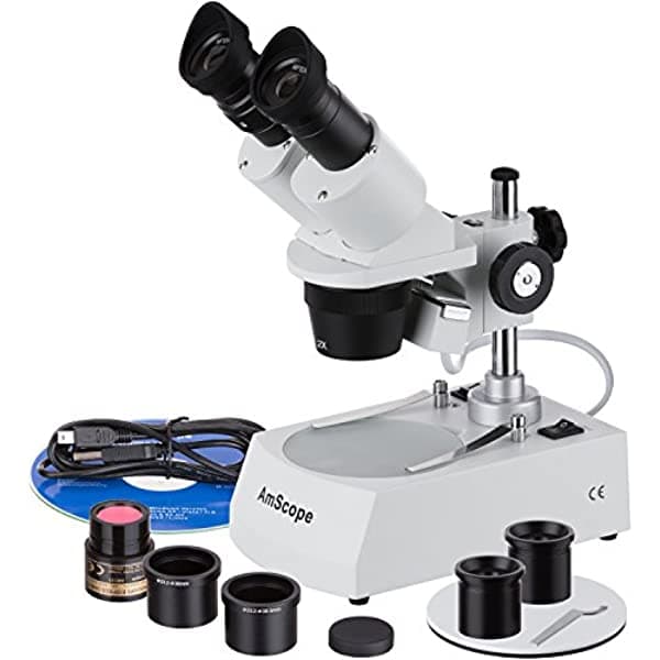 AmScope SE306R-PZ-E microscopio estéreo binocular digital de montaje frontal, oculares WF10X y WF20X, aumento 20X/40X/80X, objetivos 2X y 4X, iluminación halógena reversible blanco/negro, placa de platina superior e inferior, soporte de pilar, 120V, incluye cámara de 3 MP y software