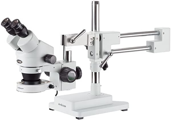 AmScope SM-4B-80S microscopio estéreo binocular con zoom, oculares WH10X, aumento 7X-45X, objetivo de zoom 0.7X-4.5X, luz anular LED de 80 bombillas, soporte de brazo doble, 90V-265V