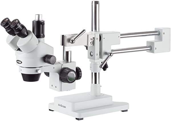AmScope SM-4TP profesional microscopio estéreo trinocular con zoom estereoscópico, con control de enfoque simultáneo, oculares WH10X, aumento 7X-45X, objetivo de zoom 0.7X-4.5X, iluminación ambiental, soporte de brazo boom doble