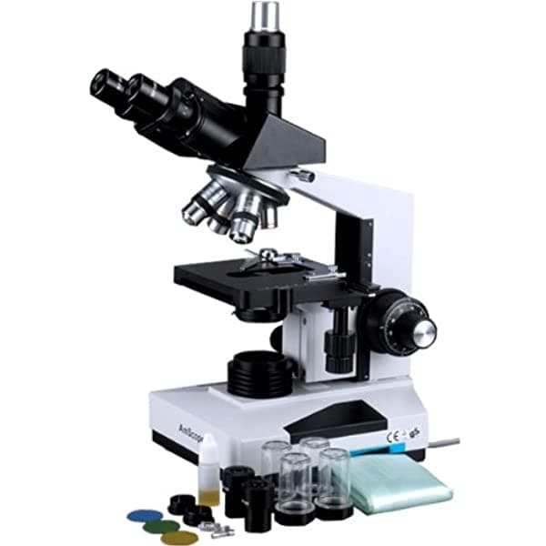 AmScope T490A-LED microscopio compuesto trinocular, oculares WF10X y WF16X deslizantes, aumento 40X-1600X, iluminación de campo claro LED, condensador Abbe de doble capa, platina mecánica, cabezal de alta resolución óptica