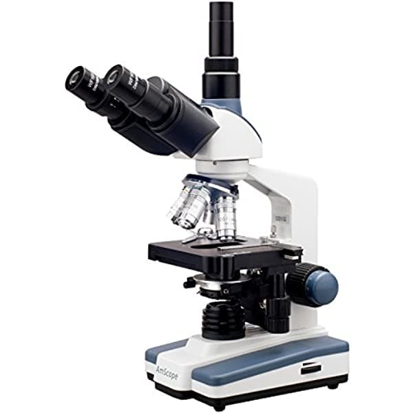 AmScope T120C profesional Siedentopf microscopio compuesto trinocular, aumento 40X-2500X, oculares WF10X y WF25X, iluminación de campo claro LED, condensador Abbe con diafragma de iris, platina mecánica de doble capa, 100-240 VAC