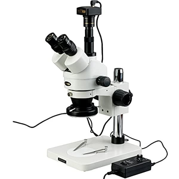 AmScope SM-1TSZ-144-10M Microscopio Estéreo Profesional Trinocular Digital con Zoom, Oculares WH10X, Zoom de Aumento 35X-90X, Lente 0.7X-4.5X, Aro de Luz LED de 144 Bombillas, Soporte de Pilar, Incluye Cámara de 10 MP con Lente de Reducción de 0.5X, Lente Barlow de 2.0X y Software