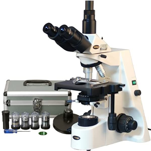 AmScope T690C-PCT200-PL Microscopio Compuesto Trinocular de Contraste de Fase, Aumento 40X-2500X, Oculares Super-Widefield WH10X y WH25X, Objetivos Acromáticos Infinity Plan, Campo Claro, Condensador Köhler, Platina Mecánica de Doble Capa, Incluye 4 Objetivos de Contraste de Fase y Torreta