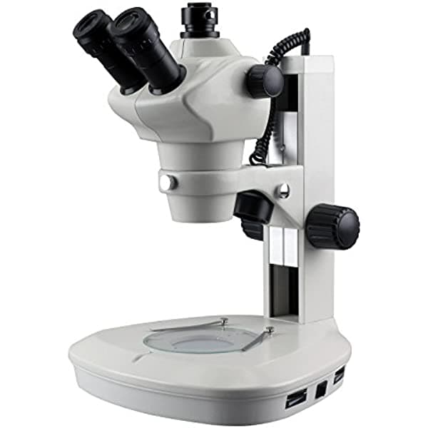 AmScope 8X-50X Microscopio trinocular estéreo con zoom y soporte de pista, con luces LED superiores e inferiores SFZJ-2TR