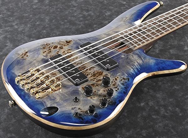 Ibanez SR Premium Series SR2605 Bajo Eléctrico de 5 Cuerdas Tapa Álamo Burl Cuerpo de Caoba Africana Blue Burst SR2605CBB