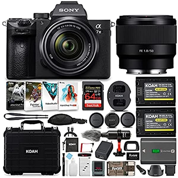 Sony Cámara sin Espejo Full Frame A7 III con Lente de 28-70mm, Micrófono, Tarjeta de Memoria, Funda, Cable, Kit de Accesorios, Batería (Paquete de 2), Cargador Doble y Art Suite V.3.0 (9 artículos) ILCE7M3KB