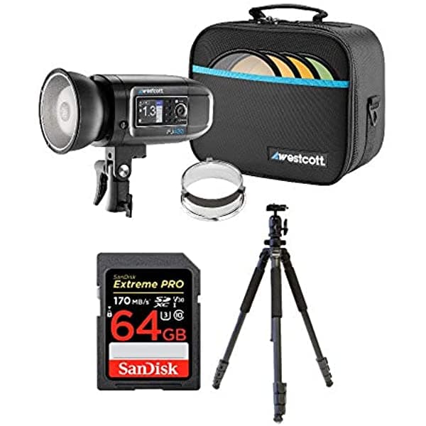 Westcott Fj400 - Estroboscópica De 400 W Con Batería Ac/Dc Con Tarjeta Sd Extreme Pro De 64 Gb Y Trípode De 62 Pulgadas (3 Artículos) AWEST4700KX