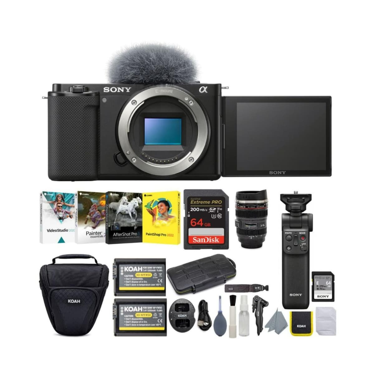 Sony Alpha ZV-E10 Cámara sin Espejo APS-C para Vlogging, Cuerpo Negro, Lentes Intercambiables, Kit Creador de Contenido (8 Piezas) ILCZV-E10/B