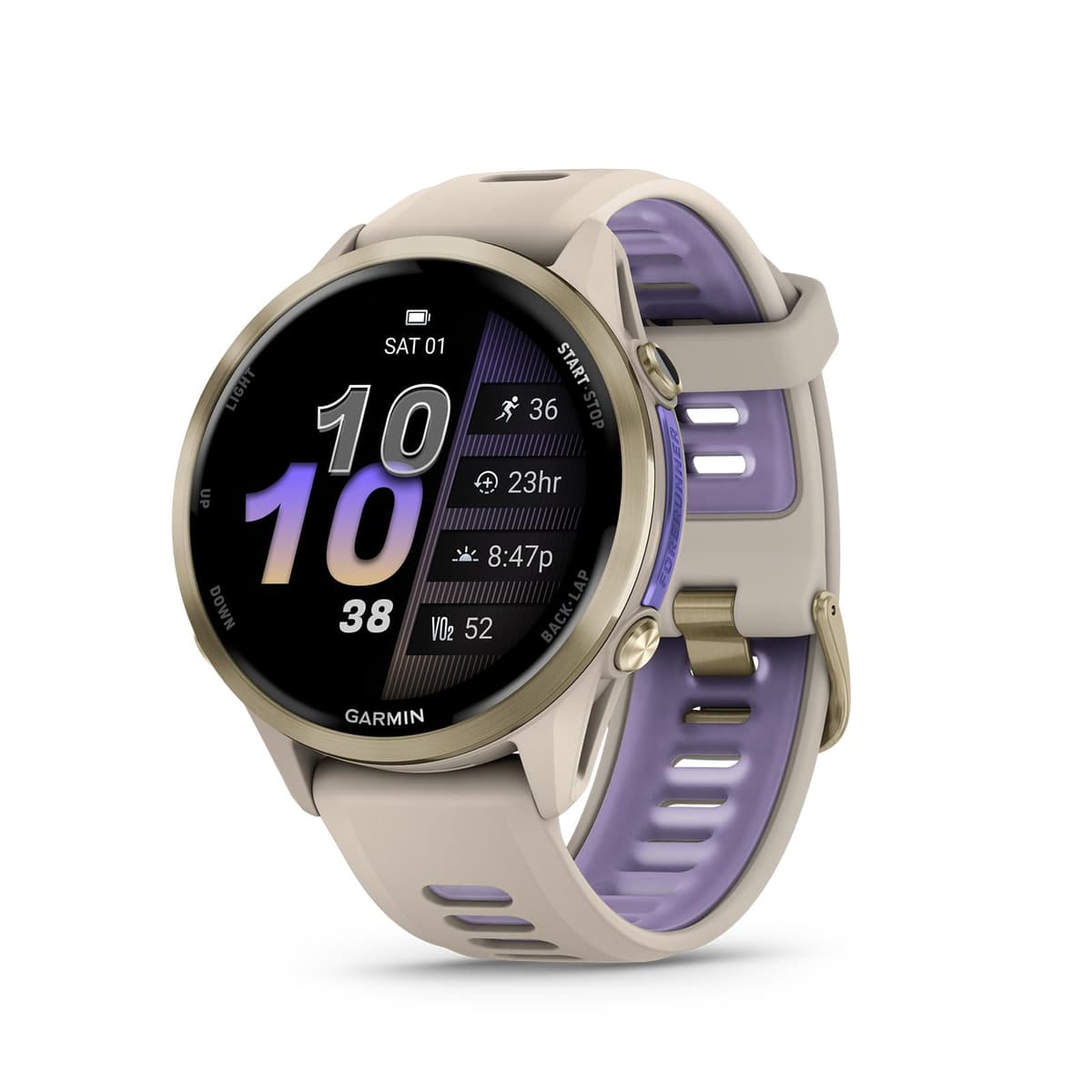 Garmin Forerunner 970 smartwatch GPS running y triatlón AMOLED con linterna LED titanio oro suave caja gris francés correa gris/índigo translúcido 010-02969-02