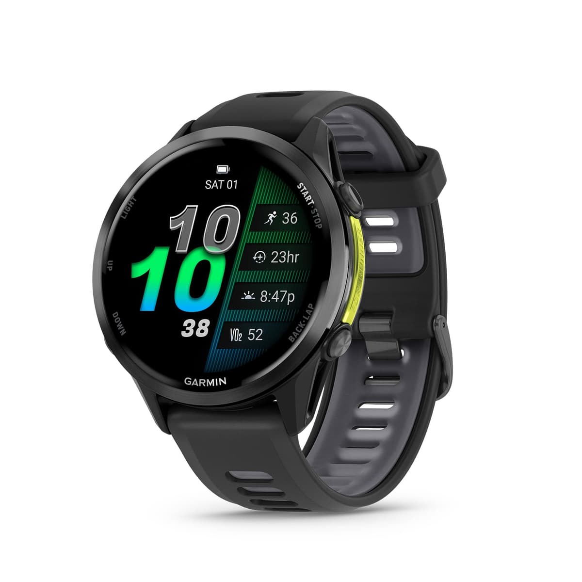 Garmin Forerunner 970 Smartwatch GPS premium running y triatlón, pantalla AMOLED, linterna LED, titanio DLC gris carbón, correa negra/Whitestone 010-02969-00