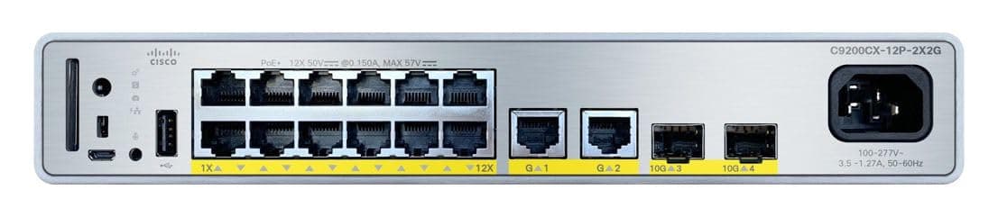 Cisco Catalyst C9200CX-12P-2X2G-A Switch Compacto 12 Puertos PoE+ 240W, 2 SFP+ 10G y 2 Gigabit, Administración Avanzada, Capa 3, Red Empresarial