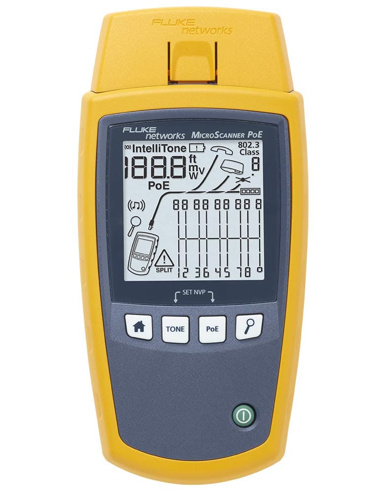 Fluke Networks MicroScanner MS-POE-IE - Probador PoE Industrial Ethernet, verificación de cables, detección de switch y potencia PoE, kit completo