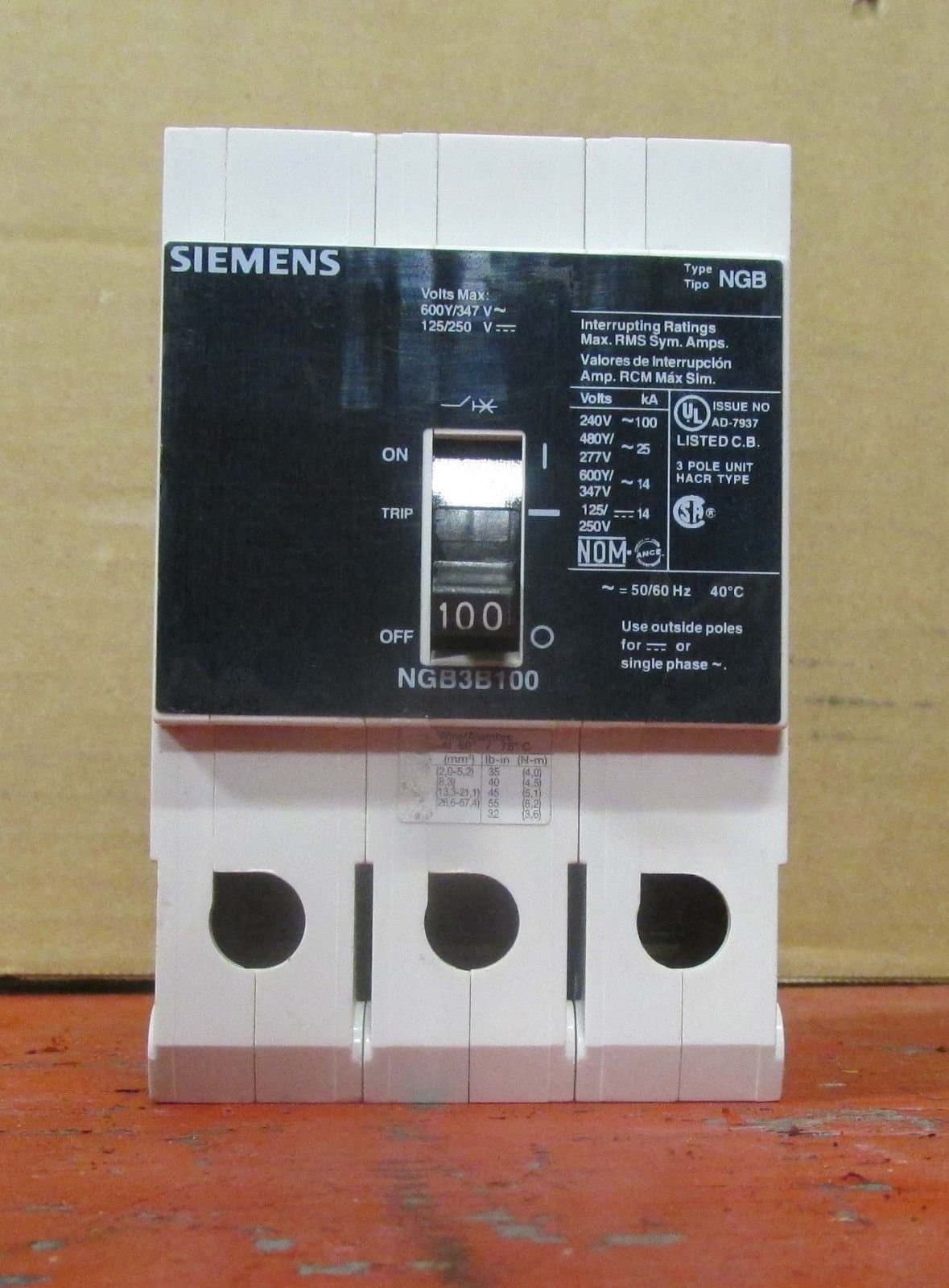 SIEMENS NGB3B100 interruptor automático 3 polos 100A 480V 25kA New Surplus industrial tripolar breaker