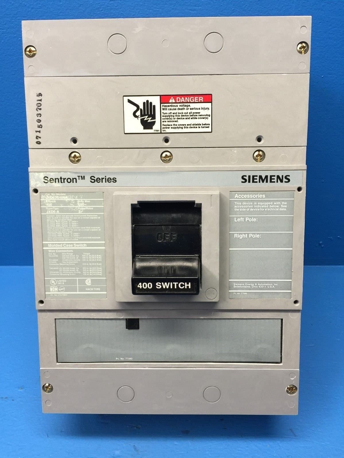 Siemens ITE JXD63S400A - Interruptor Automático (Breaker) 3 Polos 400A 600V, Termomagnético, Industrial, Modelo JXD63S400A