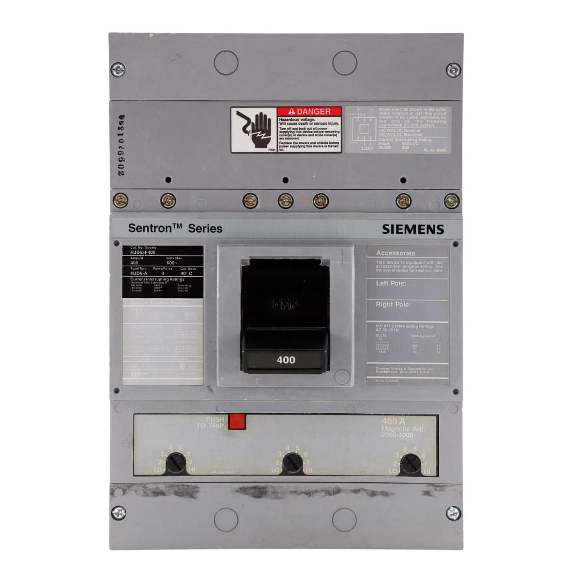 Siemens Sentron HJD63F400, Interruptor Automático de Caja Moldeada, 3 Polos, 400A, 600V, serie HJD6-A