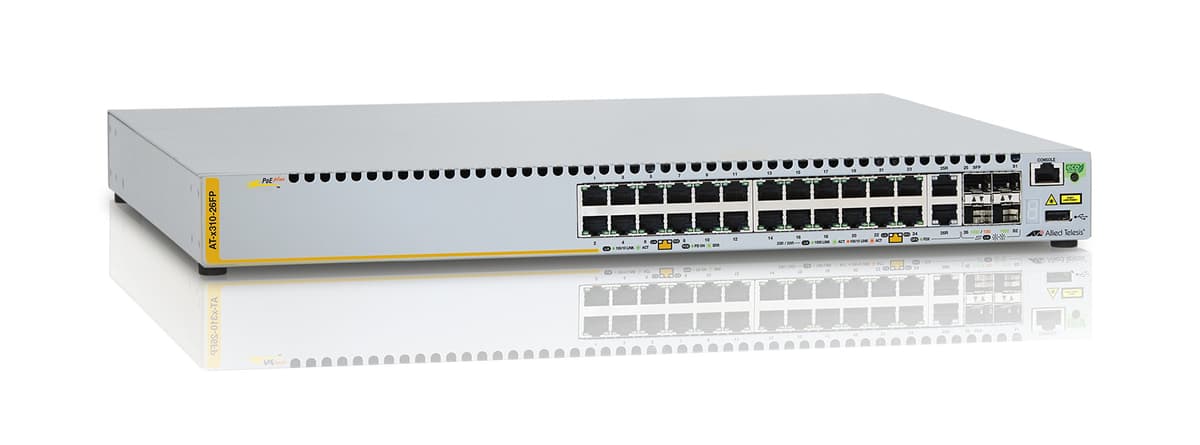 Allied Telesis AT-x310-26FP-50 | Switch 24 puertos 10/100BASE-T PoE+, 2 puertos combo (100/1000X SFP o 10/100/1000T), 2 puertos stacking, fuente de poder fija única 990-003927-50