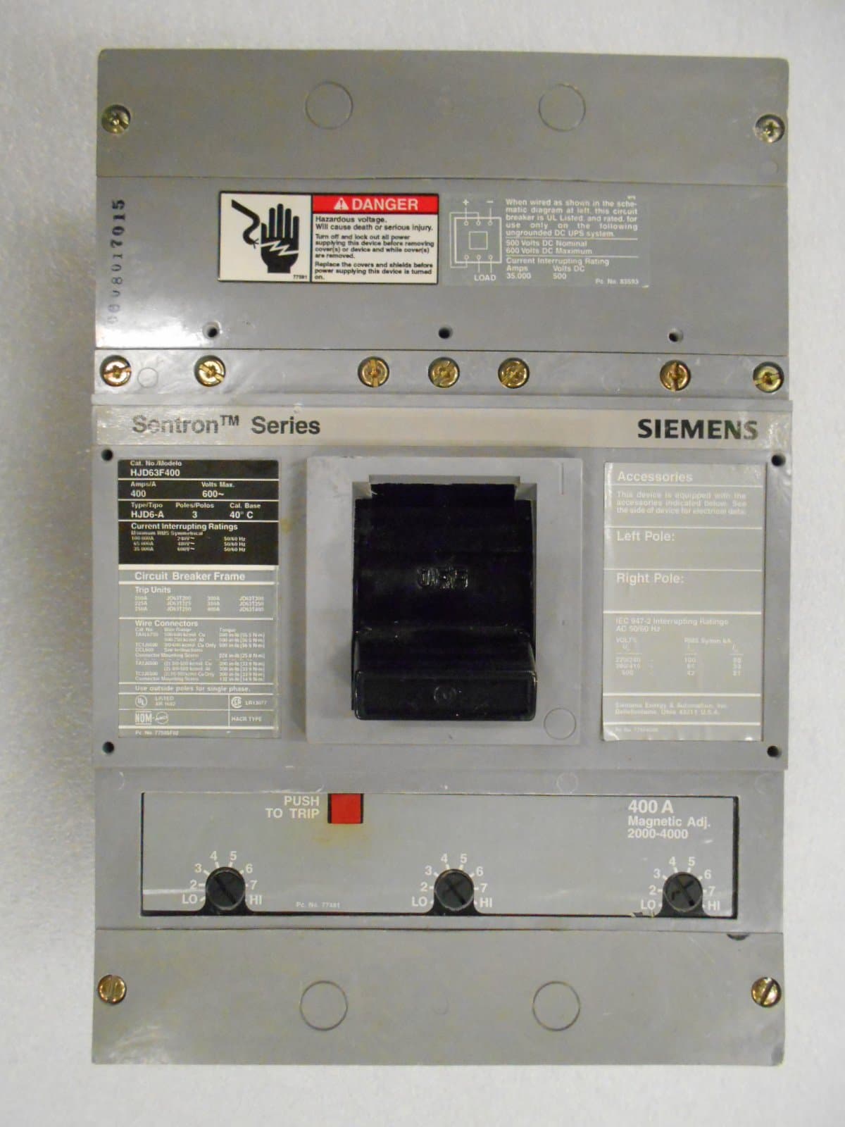 SIEMENS ITE HJD63B400 - Interruptor automático 3 polos 400A 600V, termomagnético, re-certificado, breaker industrial, reemplazo ITE