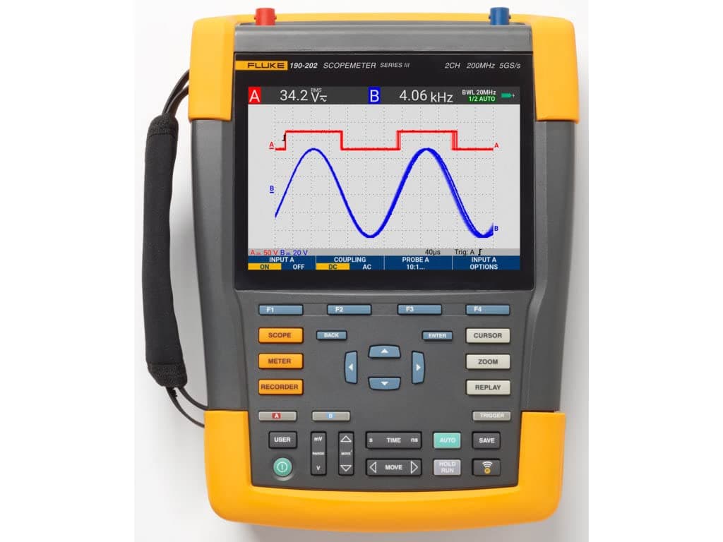 Fluke ScopeMeter 190-202-III, Osciloscopio portátil a color 200 MHz, 2 canales, con multímetro y entrada externa FLUKE-190-202-III