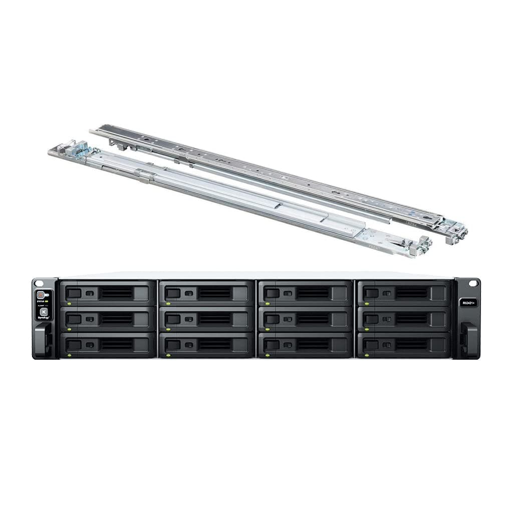 Synology RackStation RS2421+ NAS Server, CPU Ryzen 2.2GHz, 32GB RAM, 120TB HDD, 4x 1GbE LAN, Sistema DSM, incluye kit de rieles