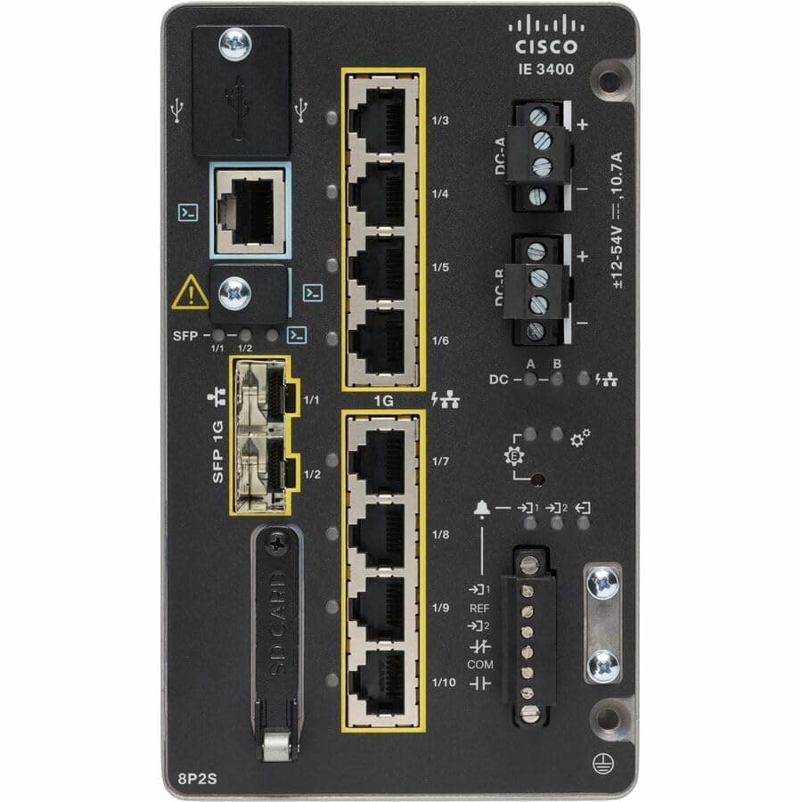 Cisco Catalyst IE-3400-8P2S-E Switch Ethernet Industrial, 8 Puertos PoE, 2 SFP, Gestionable, Capa 2/3, Gigabit, Montaje en riel DIN