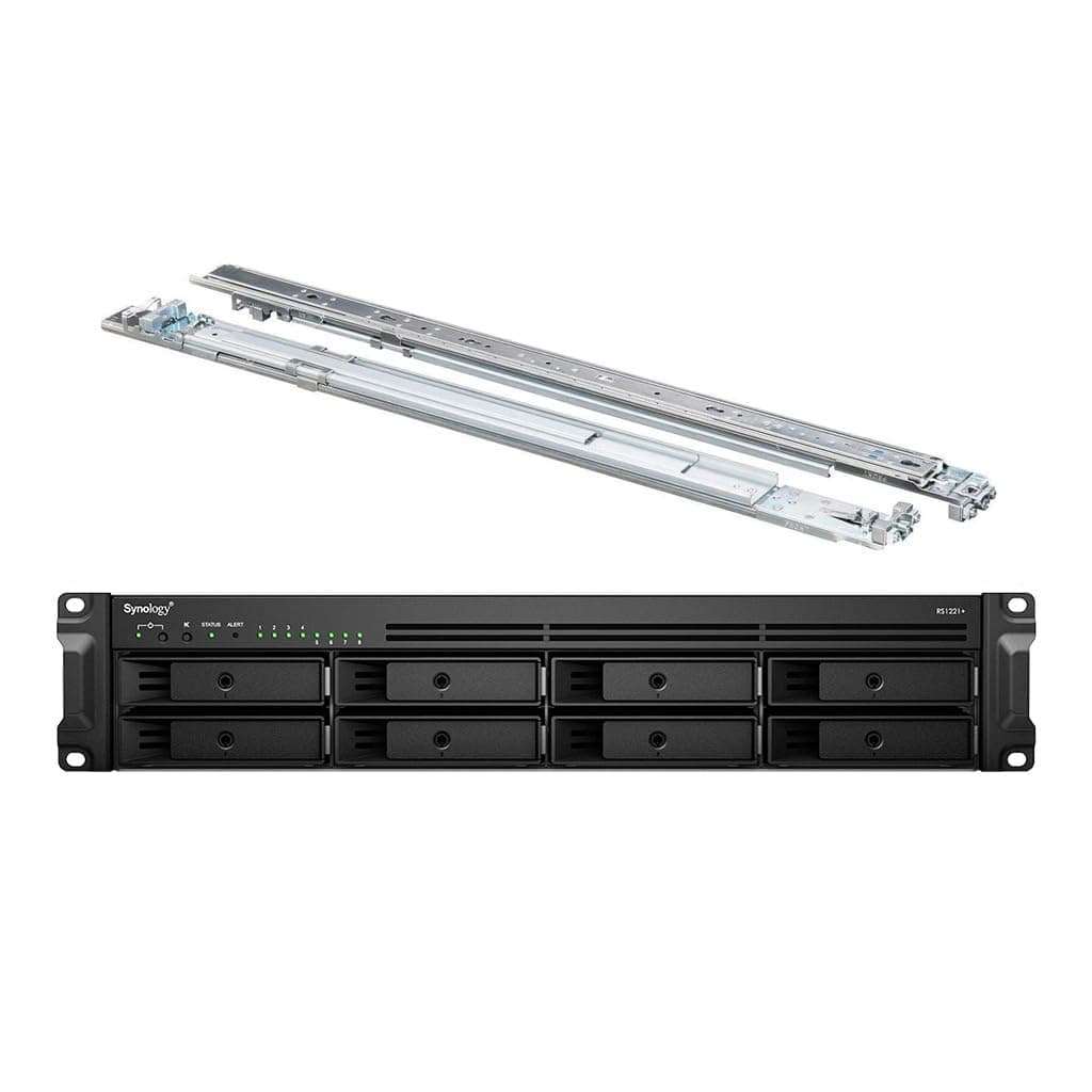 Synology RackStation RS1221+ servidor NAS en rack, CPU Ryzen, 32GB RAM, 64TB almacenamiento SSD, kit de rieles, sistema operativo Synology DSM, compatible con iSCSI Target