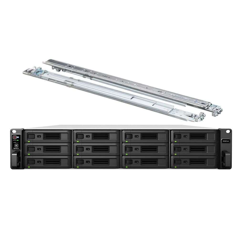 Synology RackStation RS3621xs+ NAS Server, Xeon 2.1GHz, 64GB RAM, 24TB SSD, 2x 10GbE LAN, DSM, incluye kit de rieles