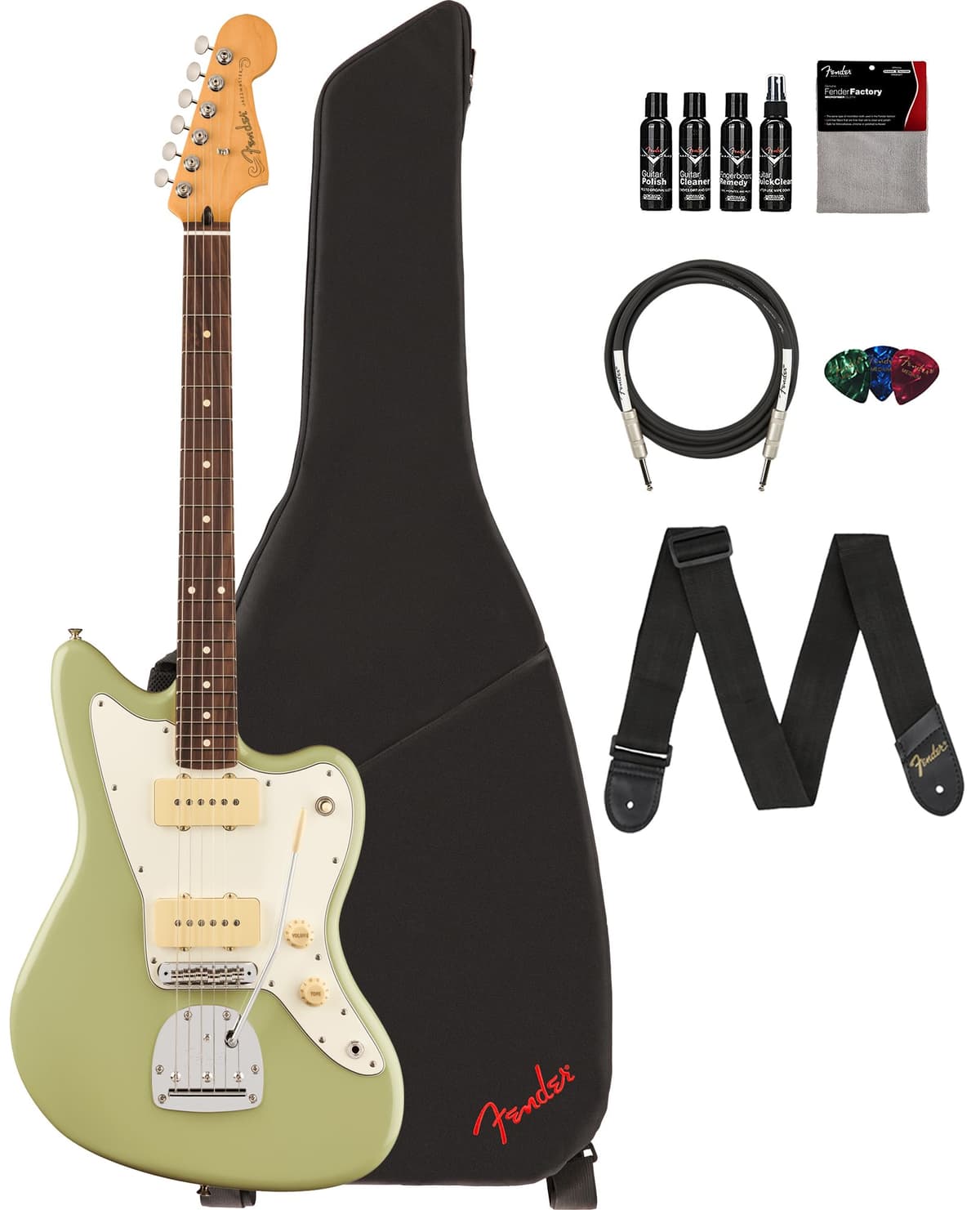Fender Player II Jazzmaster - Birch Green, paquete con funda, correa, cuerdas, púas y DVD instructivo de Austin Bazaar AUS-0140590565-COMBO-DLX