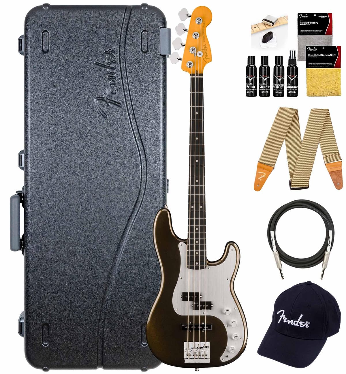 Fender American Ultra II Precision Bass - Bajo Eléctrico Texas Tea, Estuche, Correa, Cable, Gorra y Kit de Limpieza 199101790