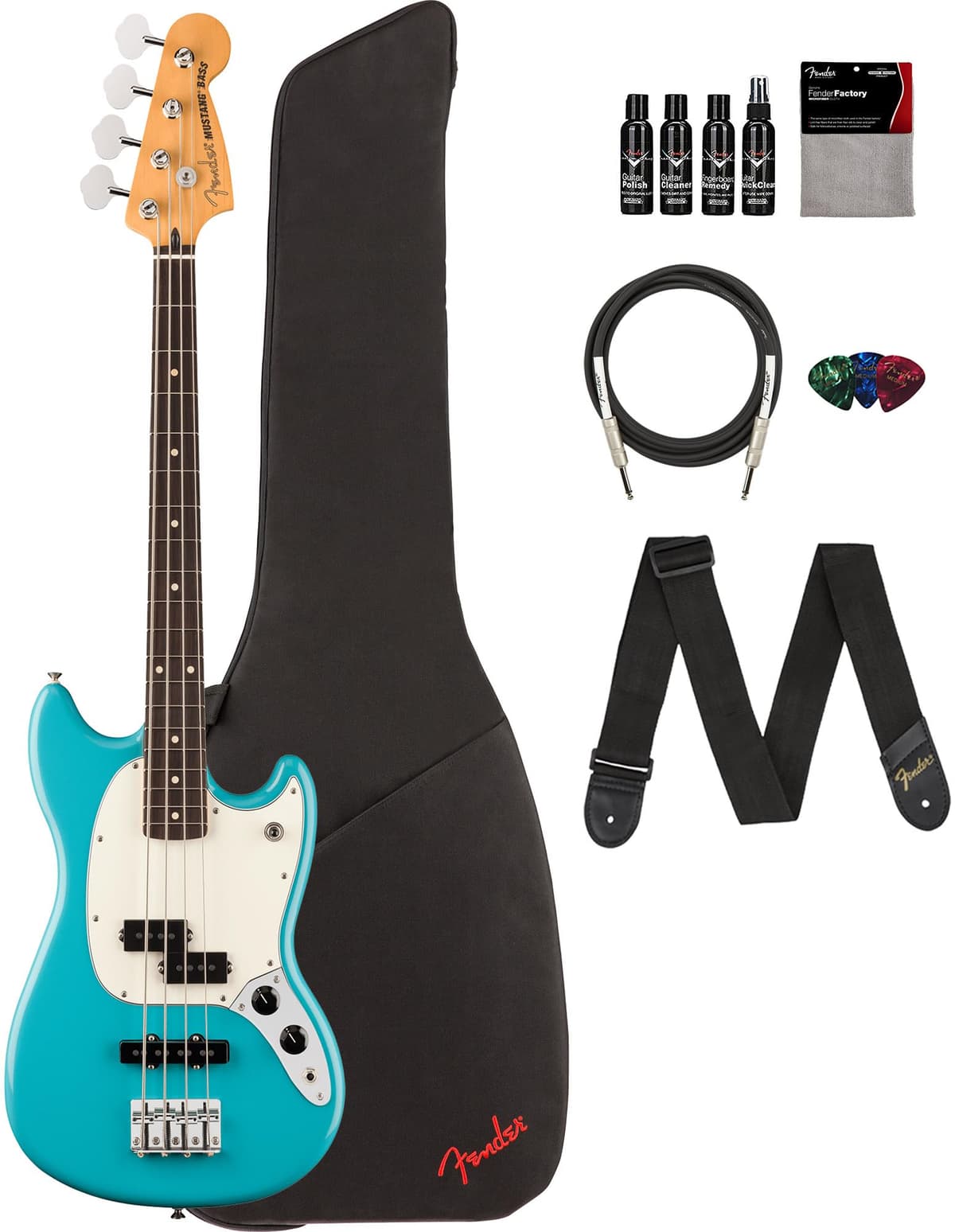Fender Player II Mustang Bass PJ Aquatone Blue - Bundle con Funda, Correa, Cable, 3 Púas y Kit de Limpieza para Guitarra AUS-0140490518-COMBO-DLX