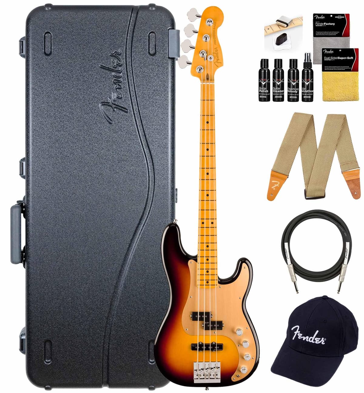 Fender American Ultra II Precision Bass Ultraburst - Bajo Eléctrico con Estuche, Correa, Cable, Gorro y Kit de Limpieza 199102712