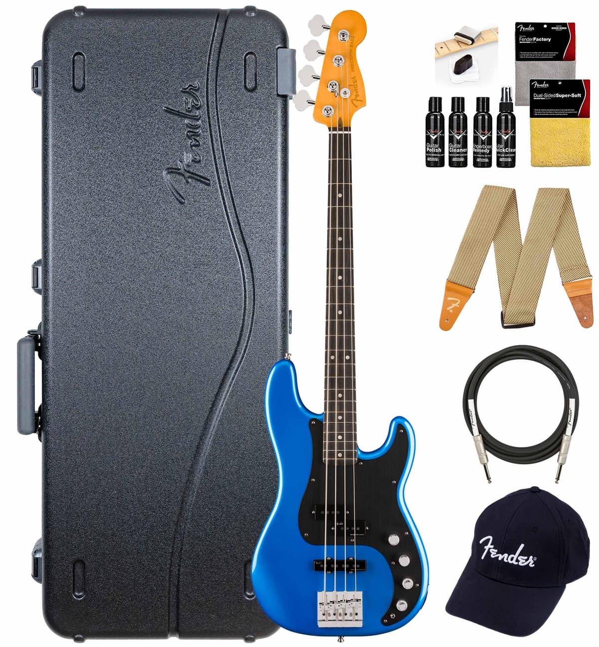 Fender American Ultra II Precision Bass - Noble Blue, Bundle con Estuche, Correa, Cable, Gorro y Kit de Limpieza para Guitarra 199101776