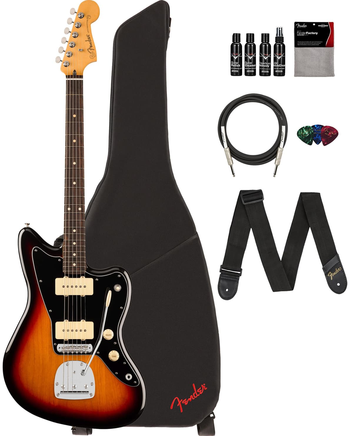 Fender Player II Jazzmaster - Guitarra Eléctrica 3-Color Sunburst, Bundle con Funda (Gig Bag), Correa, Cable, Pack de 3 Púas y Kit de Limpieza para Guitarra AUS-0140590500-COMBO-DLX