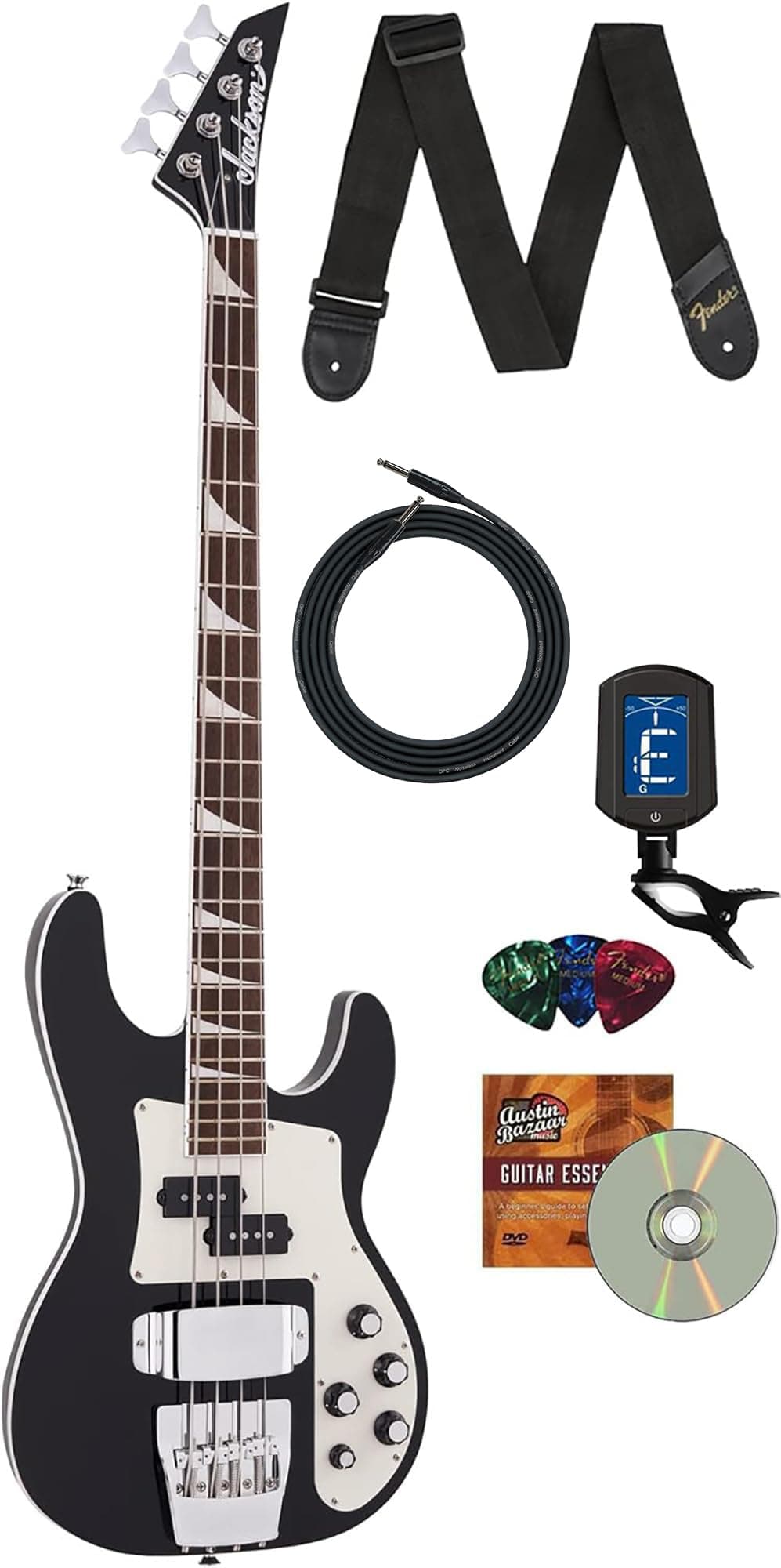 Jackson Concert Bass CBXNT DX IV - Bajo eléctrico Gloss Black, bundle con cable, correa, afinador, púas y DVD instructivo Austin Bazaar AUS-2916654603-COMBO-STD