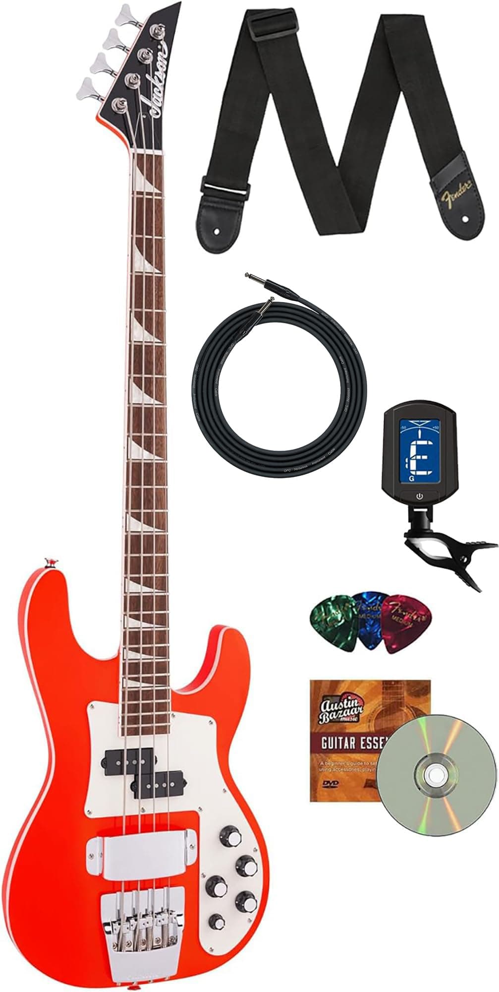 Jackson Concert Bass CBXNT DX IV - Bajo Eléctrico Rocket Red, Bundle con Cable, Correa, Afinador, Púas y DVD Instructivo de Austin Bazaar AUS-2916654637-COMBO-STD