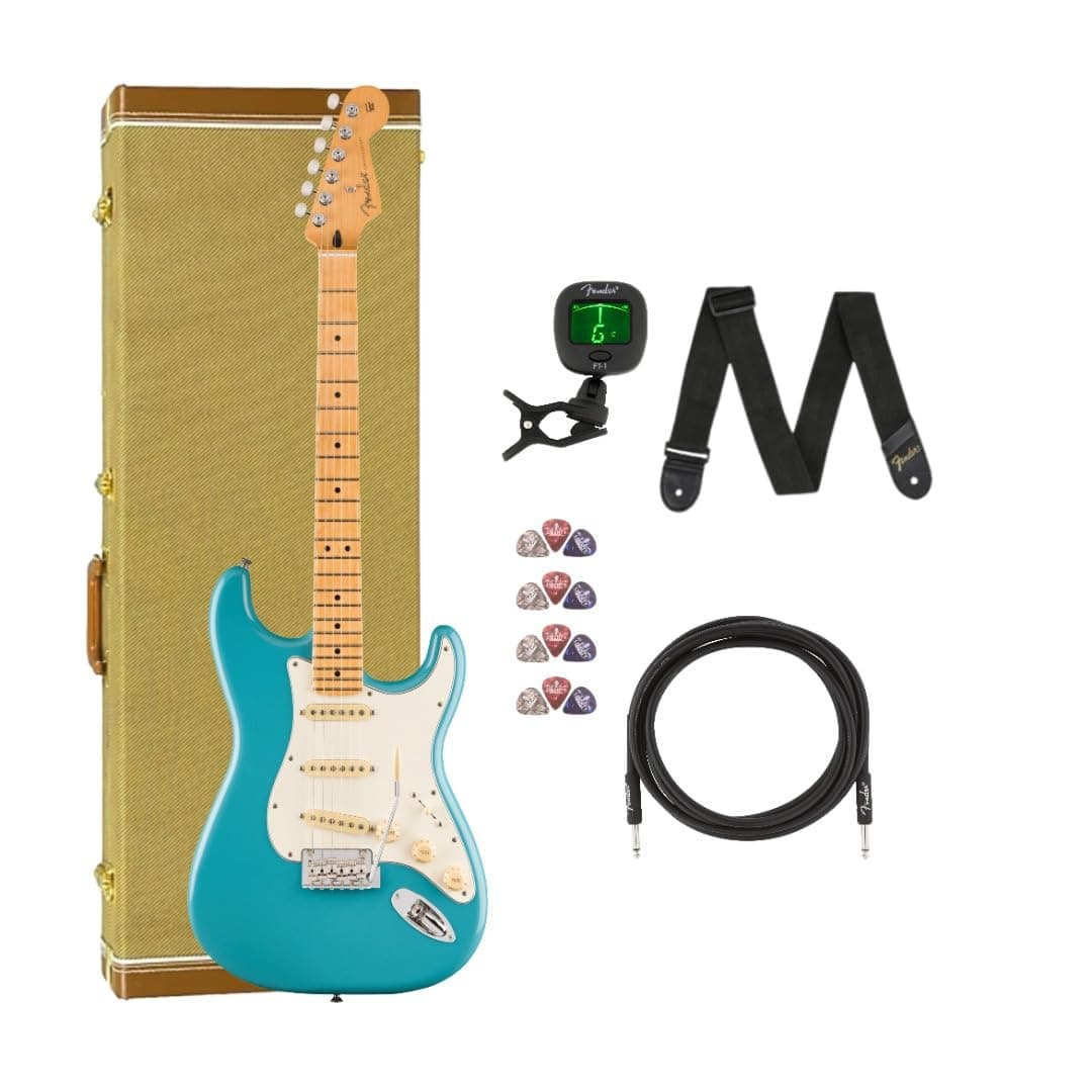 Fender Player II Stratocaster - Diapasón de Arce - Aquatone Blue - Pack con Estuche Rígido, Cable, Afinador, Correa y Set de 12 Uñas Liberty Music
