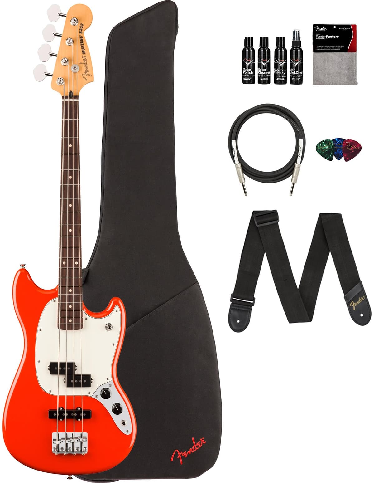 Fender Player II Mustang Bass PJ - Bajo Eléctrico Coral Red con Funda, Correa, Cable, Uñas (Pack x3) y Kit de Limpieza AUS-0140490558-COMBO-DLX
