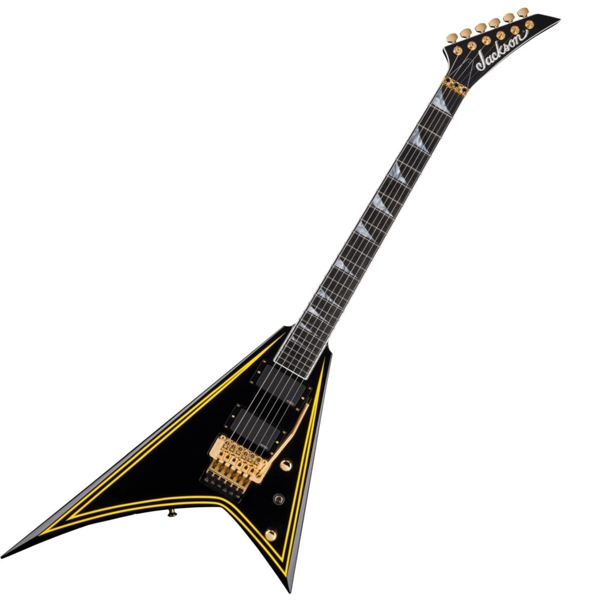 Jackson MJ Series Rhoads RR24-MG Guitarra Eléctrica - Negro Brillante, 24 trastes, pastillas activas, cuerpo estilo Rhoads MJRR24MGBLKYLWPNS