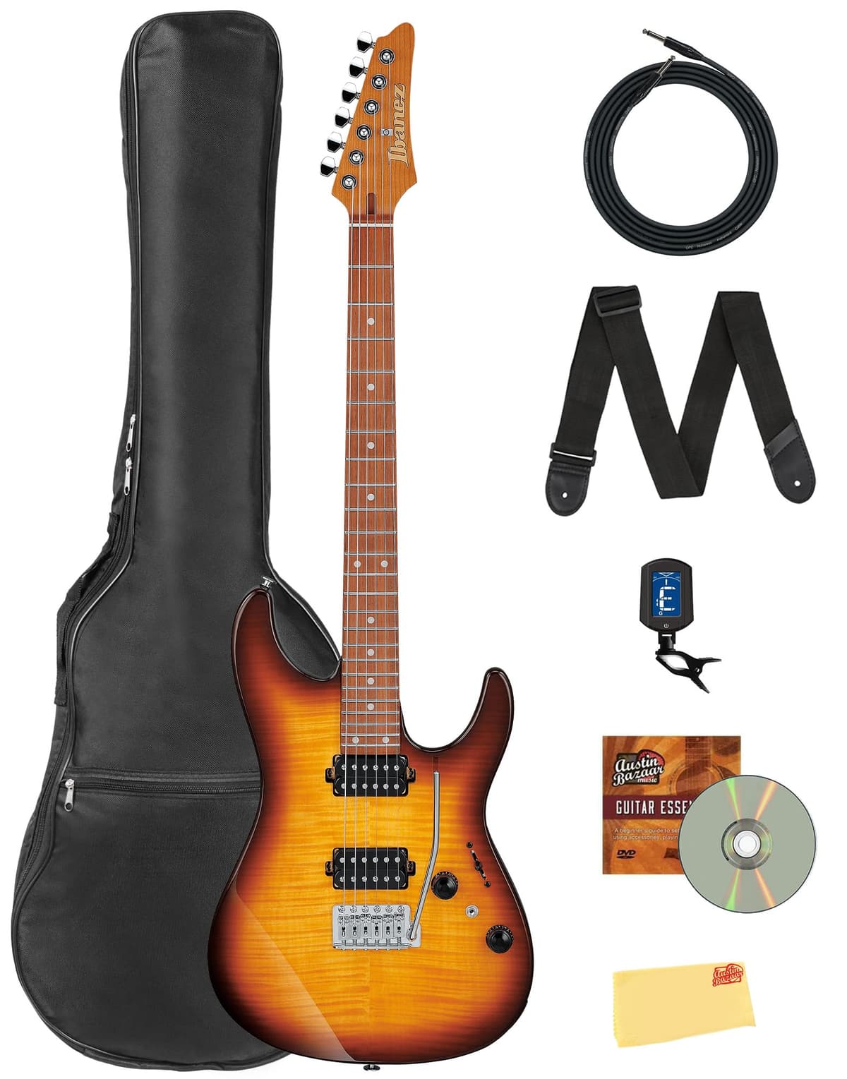 Ibanez AZ Standard AZ24S1F Guitarra Eléctrica Violin Sunburst - Bundle con Funda, Afinador, Correa, Cable, DVD Instructivo Austin Bazaar y Paño de Pulido AZ24S1FVLS