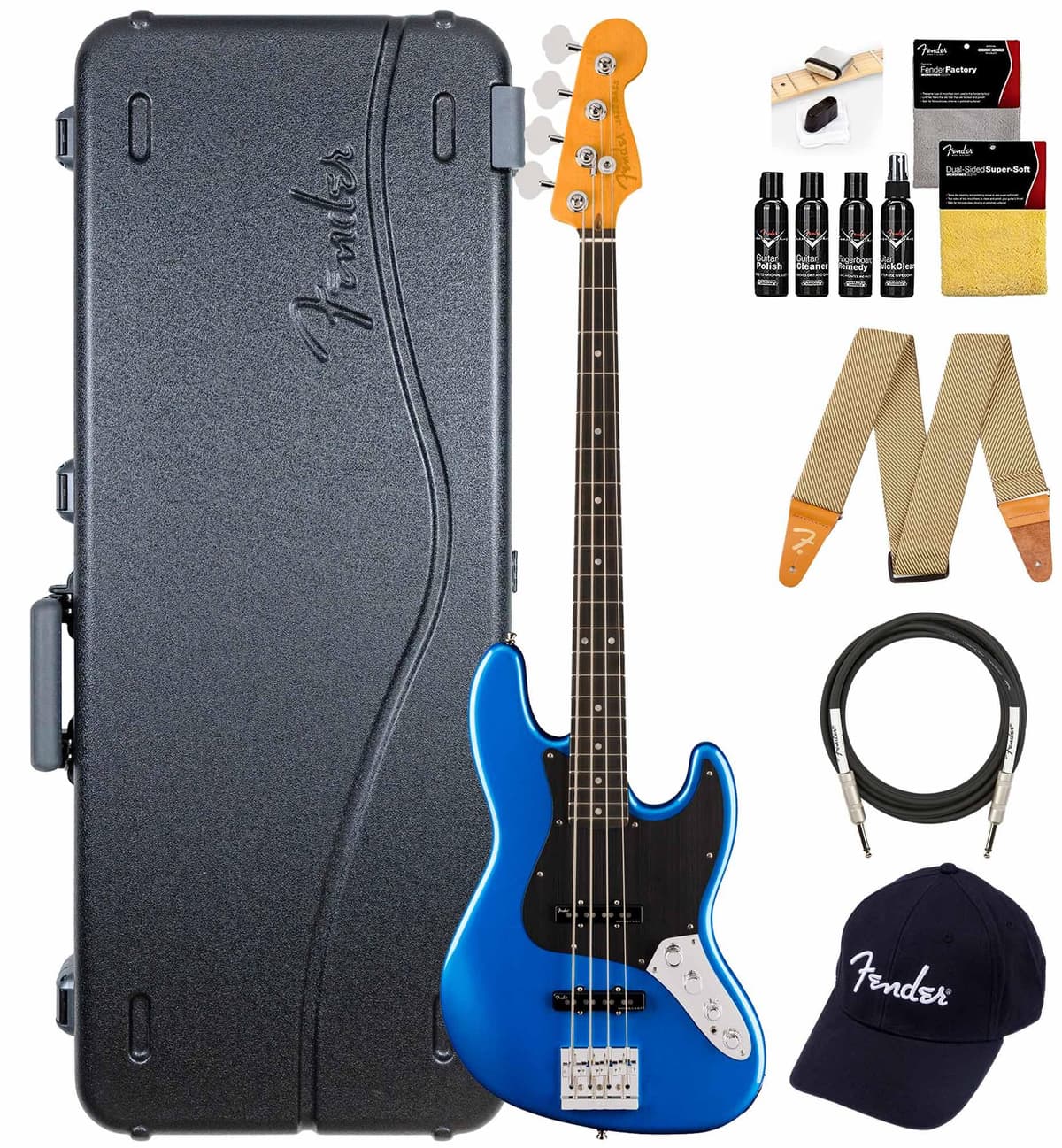 Fender American Ultra II Jazz Bass - Noble Blue, Bundle con Estuche, Correa, Cable, Gorro y Kit de Limpieza para Guitarra 199111776