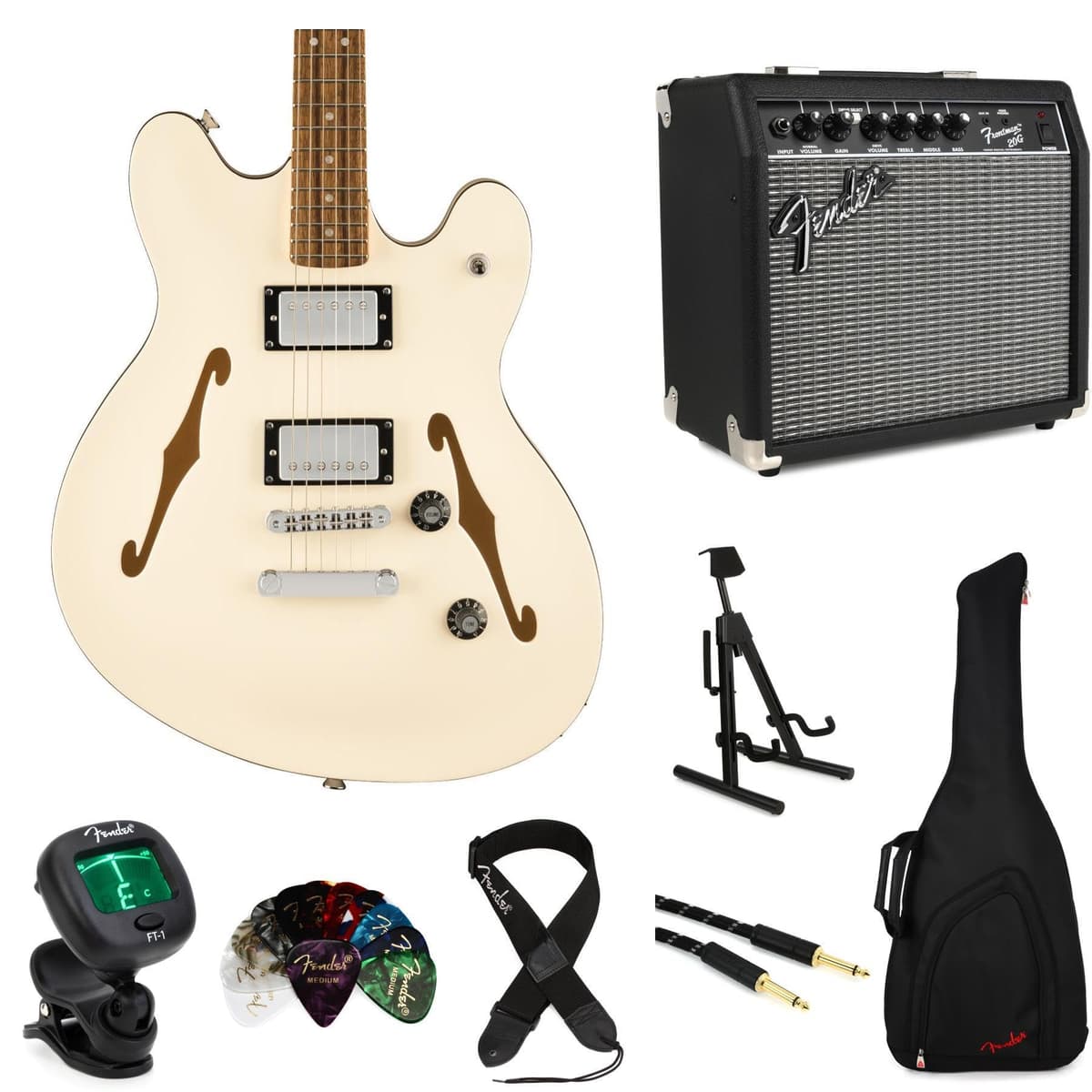 GearNuts Squier Affinity Series Starcaster Deluxe - Guitarra Eléctrica Semihueca + Paquete Esencial con Amplificador - Olympic White StarDxAFOWAmBn