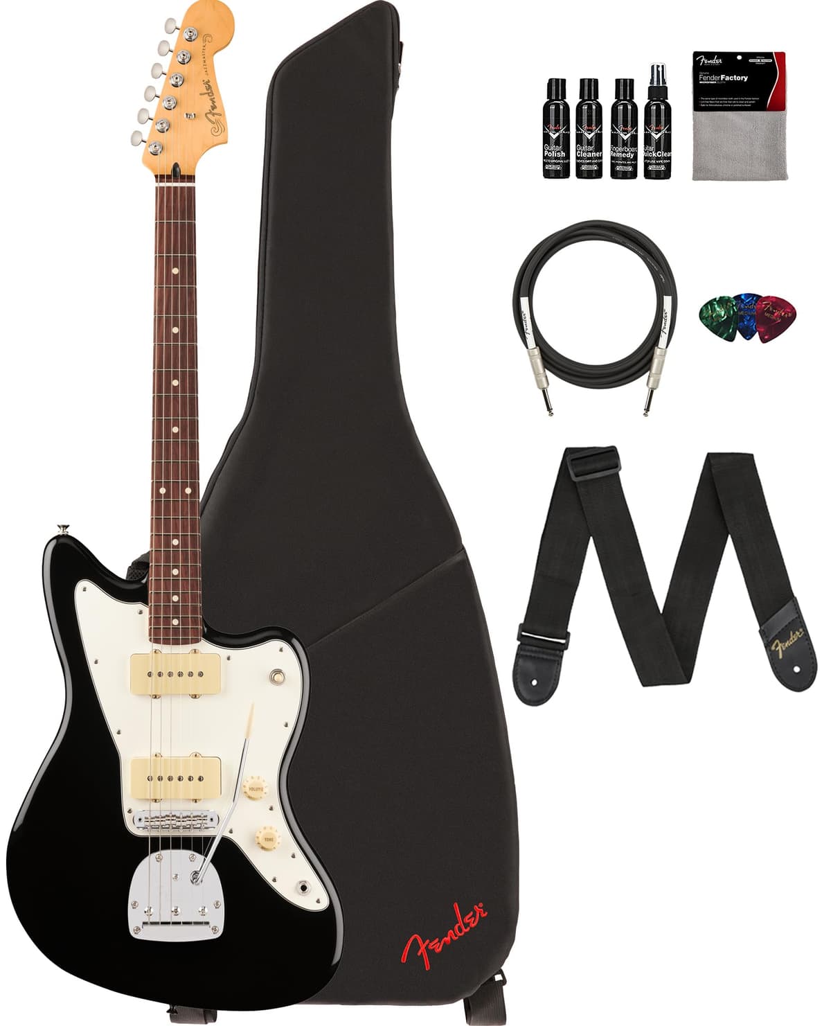 Fender Player II Jazzmaster - Guitarra Eléctrica Negra | Bundle con Funda, Correa, Cable, 3 Púas y Kit de Limpieza AUS-0140590506-COMBO-DLX