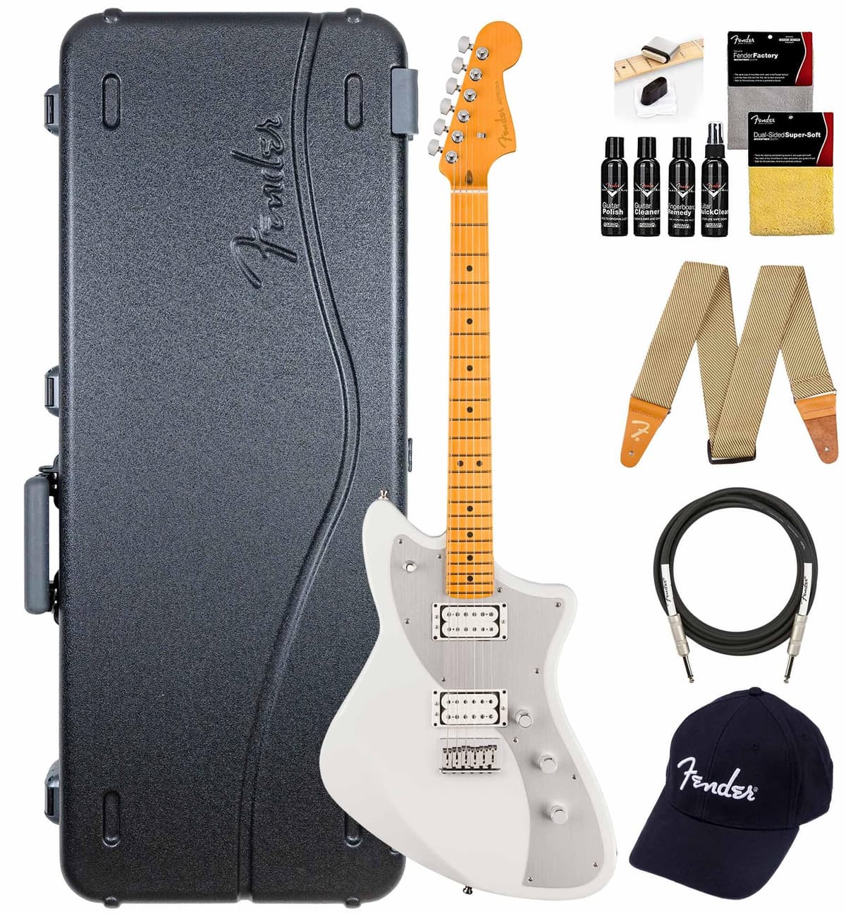 Fender American Ultra II Meteora - Guitarra Eléctrica Avalanche, Bundle con Estuche, Correa, Cable, Gorra y Kit de Limpieza para Guitarra 119182796