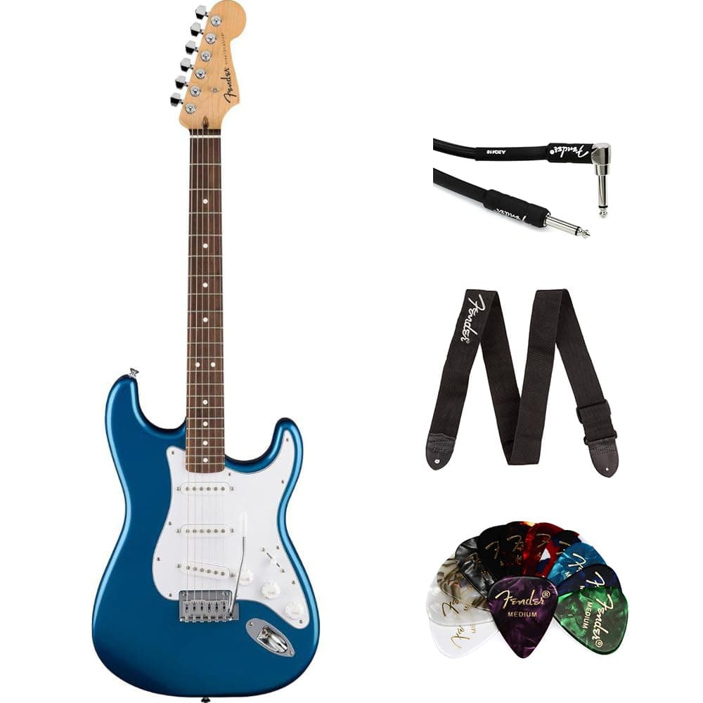 Fender Standard Stratocaster 266240560 - Guitarra Eléctrica Aqua Marine Metallic, Bundle con Púas Celuloide 351 (12), Cable Instrumento 10’ Negro, Correa Negra con Logo Blanco