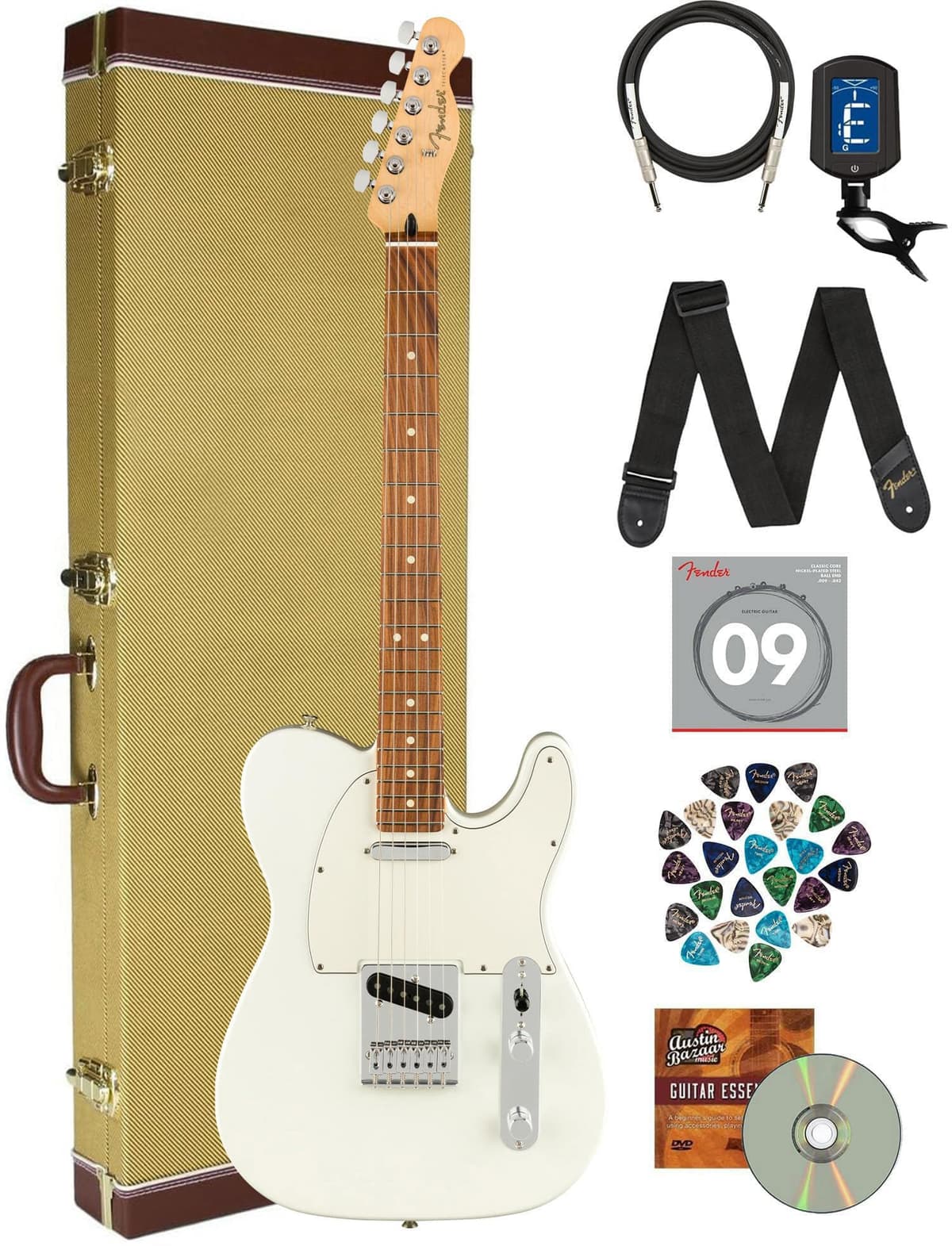 Fender Player Telecaster - Polar White, Bundle con Estuche Tweed Premium, Cable, Afinador, Correa, Cuerdas Extra y DVD Instructivo Austin Bazaar FEN-0145213515-COMBO-DLX-V2