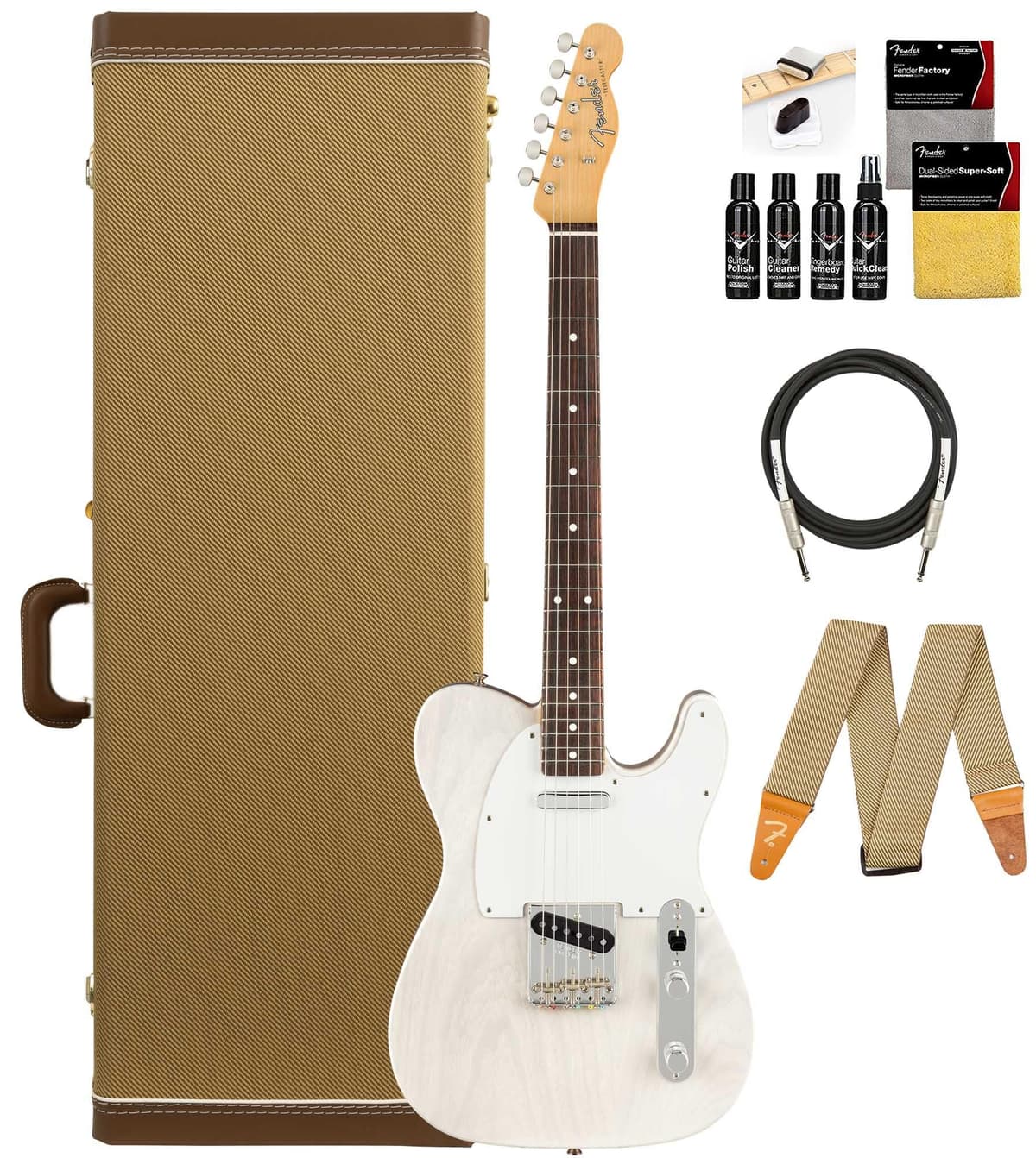 Fender Jimmy Page Mirror Telecaster 119210801 - Guitarra Eléctrica White Blonde, Bundle con Estuche Tweed, Correa, Cable y Kit de Limpieza
