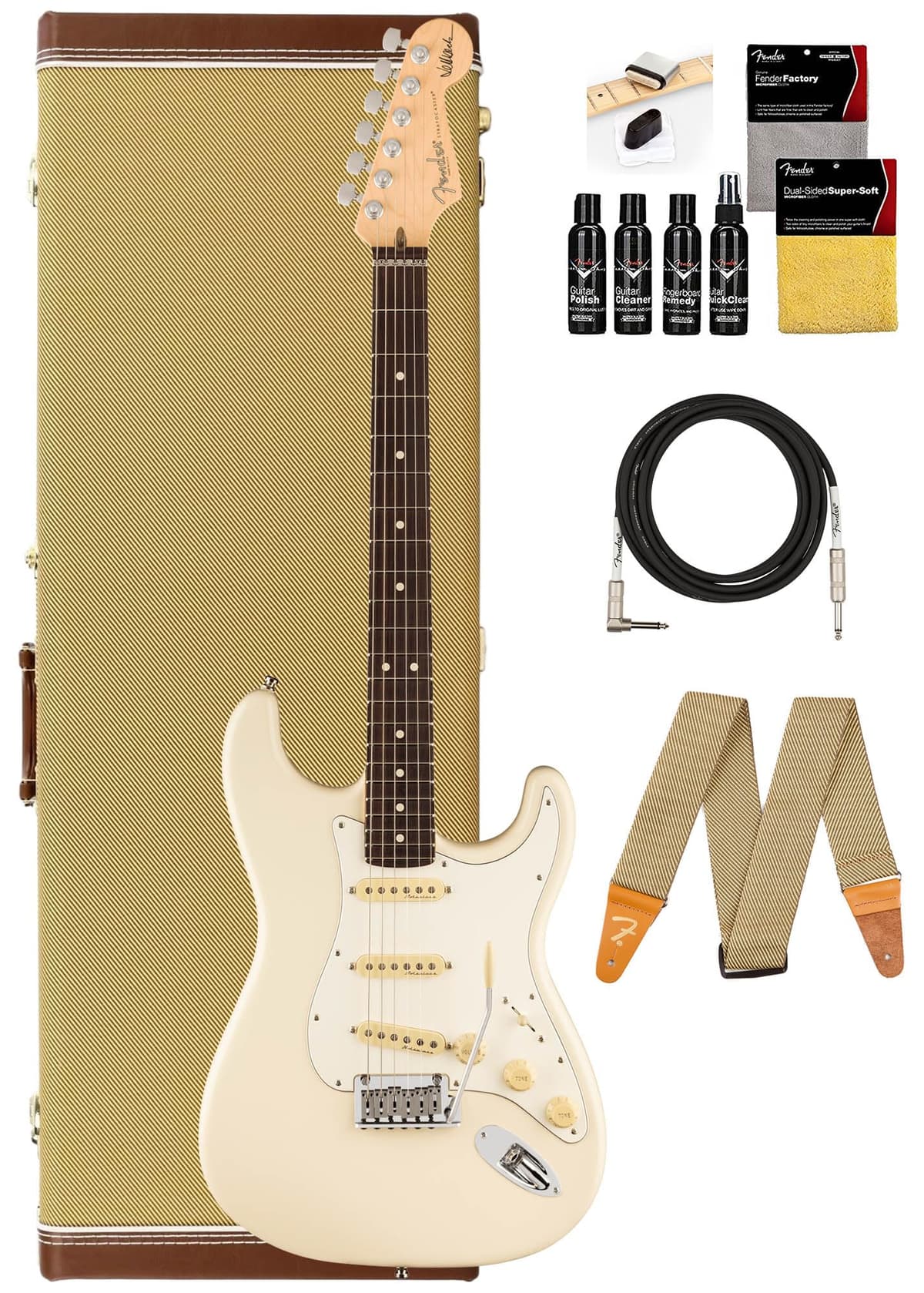 Fender Jeff Beck Stratocaster 119600805 - Guitarra Eléctrica Olympic White, Bundle con Estuche, Cable, Correa y Kit de Cuidado