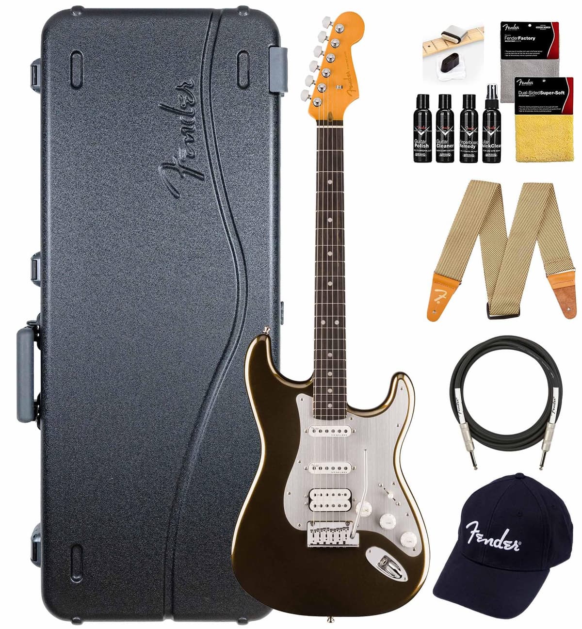 Fender American Ultra II Stratocaster HSS - Guitarra Eléctrica Texas Tea, Bundle con Estuche, Correa, Cable, Gorra y Kit de Limpieza 119151790