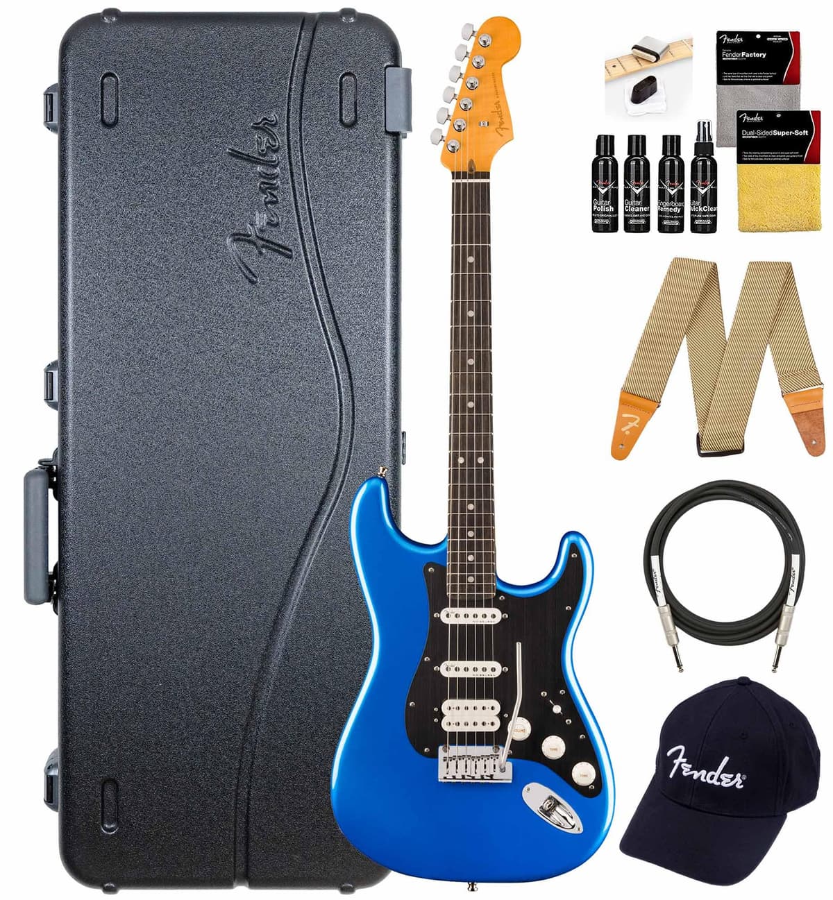 Fender American Ultra II Stratocaster HSS - Guitarra Eléctrica Noble Blue, Bundle con Estuche, Correa, Cable, Gorra y Kit de Limpieza 119151776