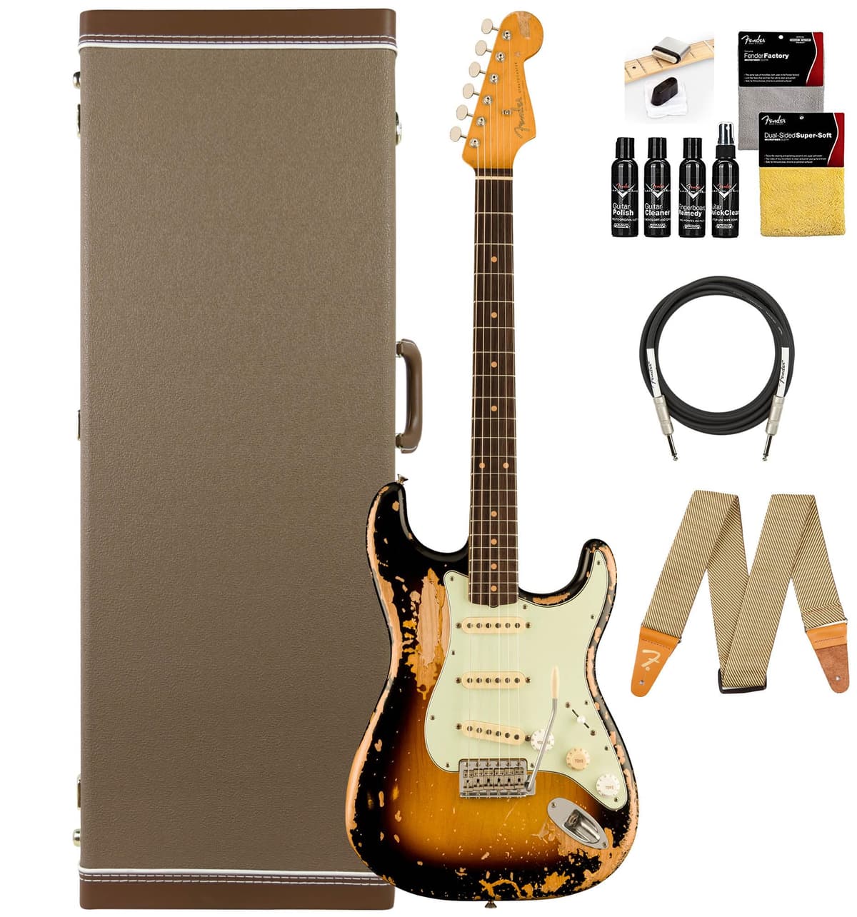 Fender Mike McCready Stratocaster 145310700 - Guitarra Eléctrica 3-Color Sunburst, Bundle con Estuche Rígido Deluxe Brown, Correa, Cable y Kit de Limpieza
